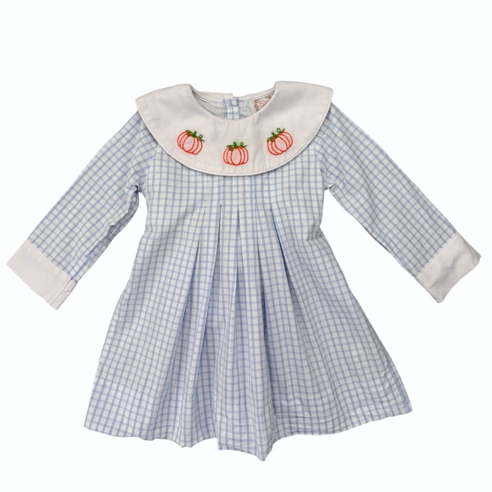 Ceci and Lou Pumpkin Gingham Bow Sash Dress 2T Blue White Embroidered Fall Dress